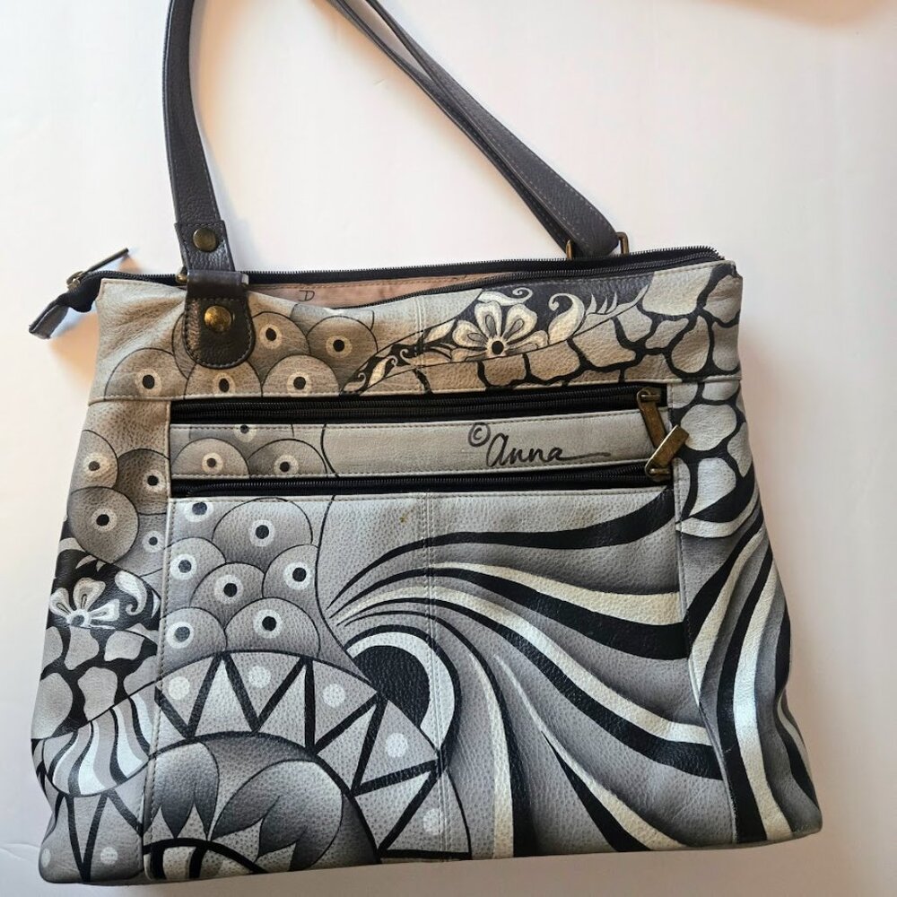 Anuschka Anna Hand-painted Shoulder Handbag Gray‎ Silver Black Leather Floral